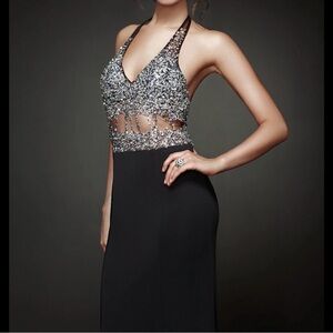 Faviana Silver and Black Sequin Halter Dress